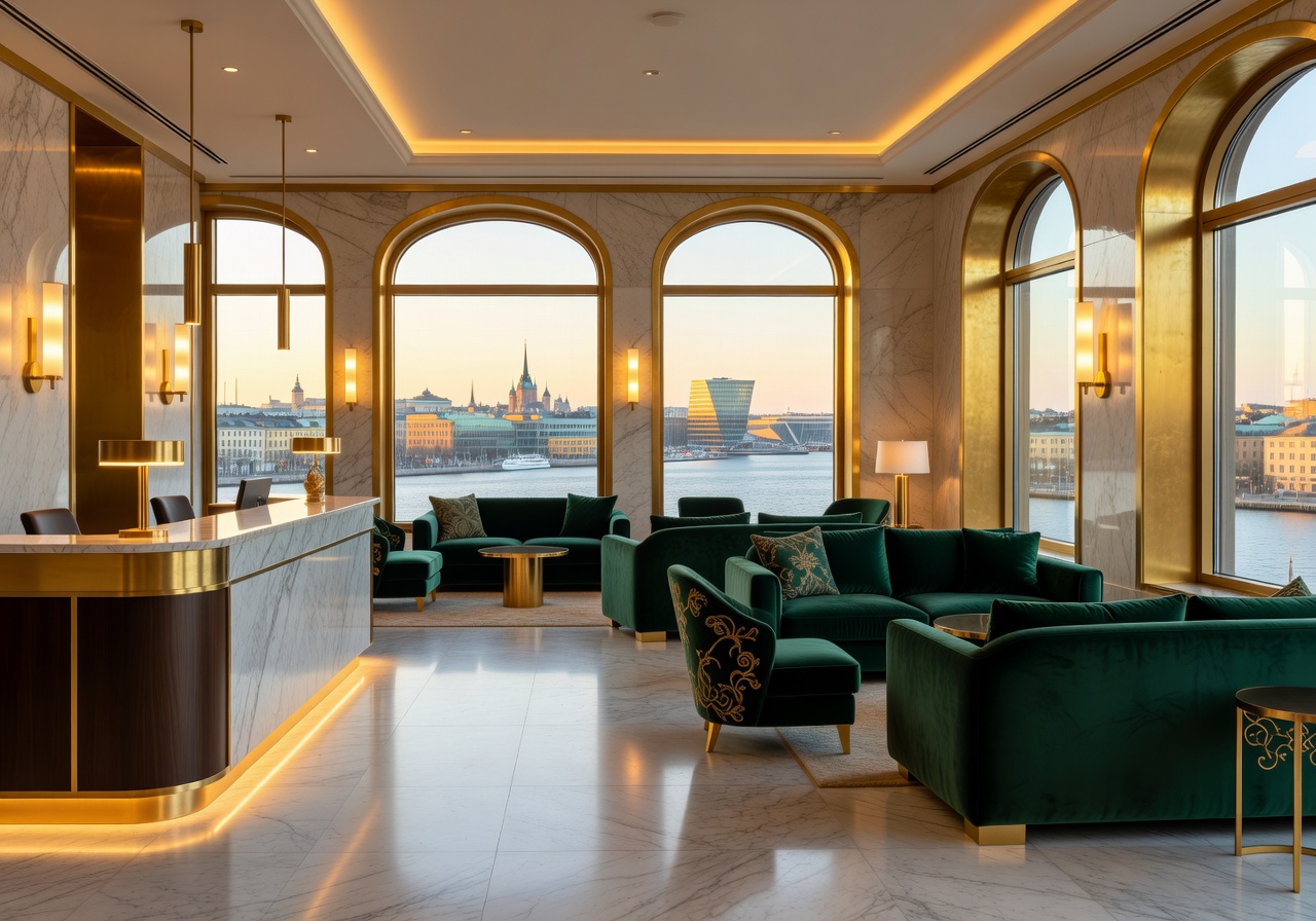 Helsinki luxury hotel lobby with golden accents and city view