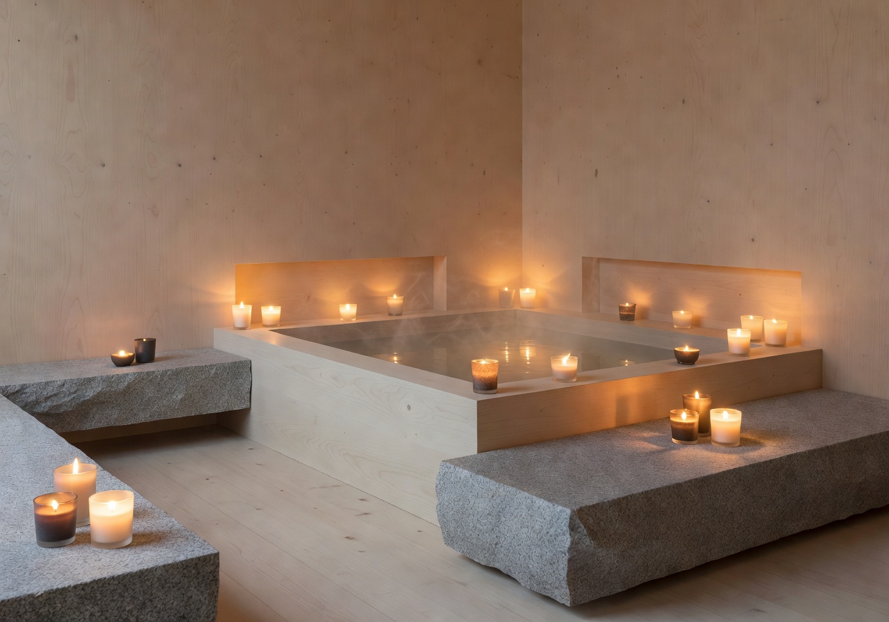 Nordic spa with candle lighting and minimalist design