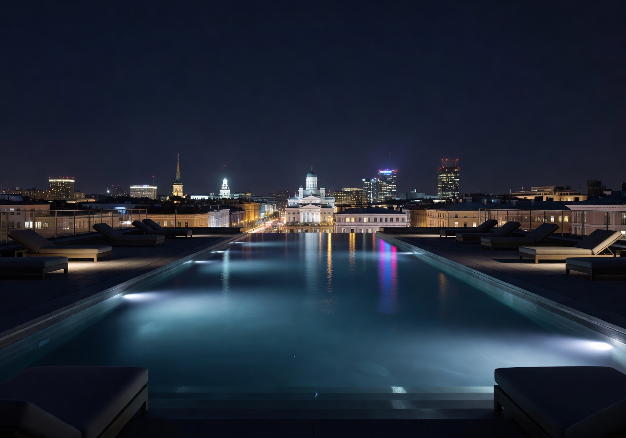 Rooftop infinity pool overlooking Helsinki skyline at night