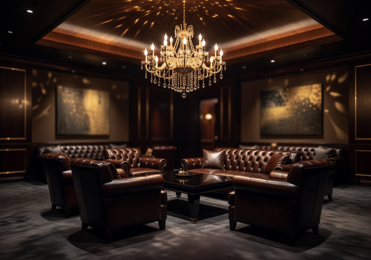 VIP private lounge with leather seating and golden chandelier